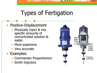 Types of Fertigation
• Positive-Displacement
• Physically inject & mix
specific amounts of
concentrated solution &
water.
• More expensive
• Very accurate
• Examples:
• Commander Proportioners
• Smith Injectors
 