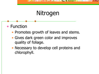 Nitrogen
• Function
• Promotes growth of leaves and stems.
• Gives dark green color and improves
quality of foliage.
• Necessary to develop cell proteins and
chlorophyll.
 