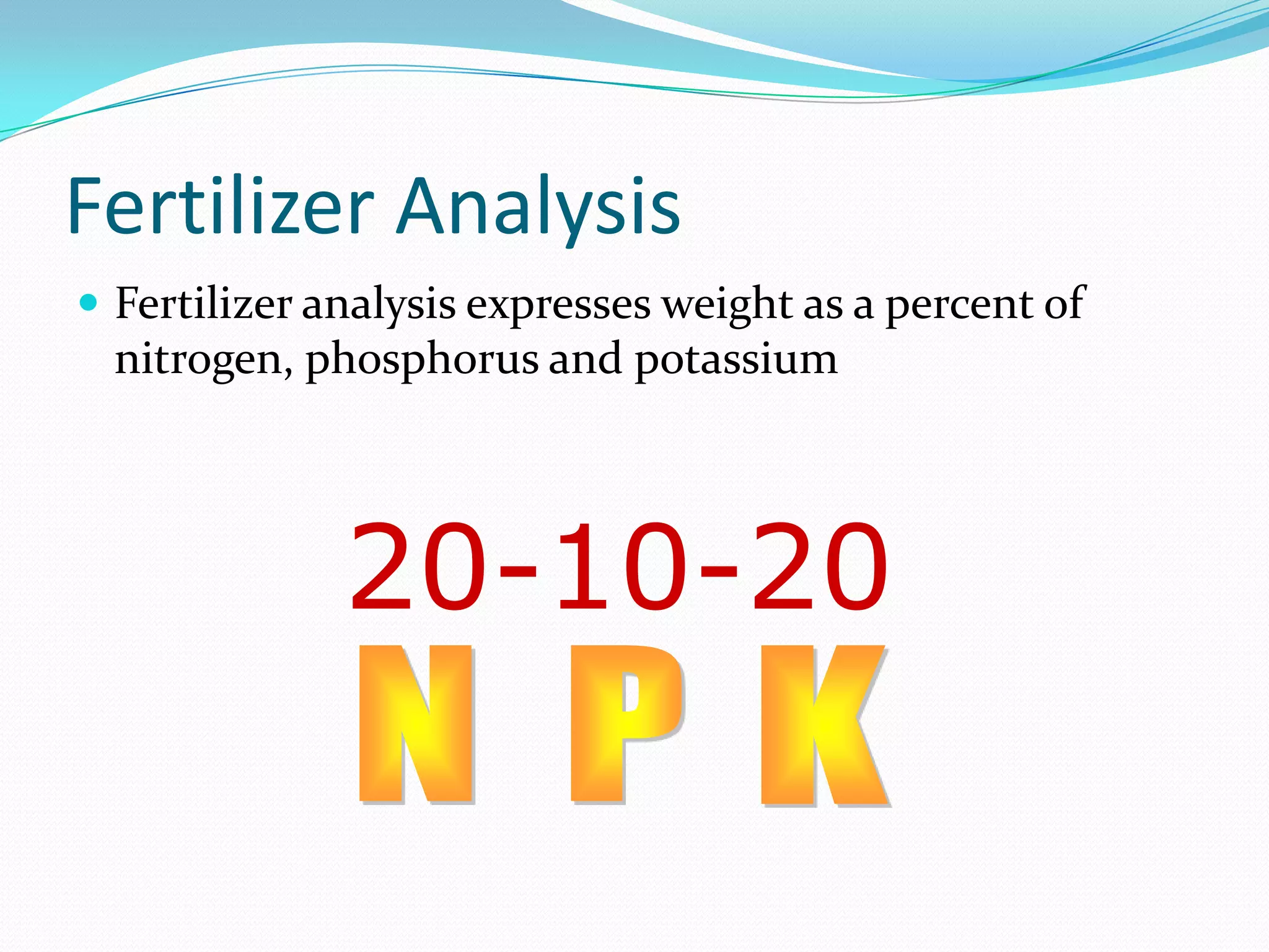 Fertilizer Analysis
 Fertilizer analysis expresses weight as a percent of
nitrogen, phosphorus and potassium
20-10-20
 