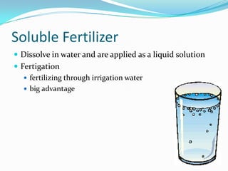 Soluble Fertilizer
 Dissolve in water and are applied as a liquid solution
 Fertigation
 fertilizing through irrigation water
 big advantage
 