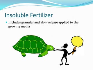 Insoluble Fertilizer
 Includes granular and slow release applied to the
growing media
 