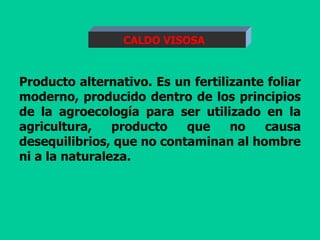 Producto alternativo. Es un fertilizante foliar
moderno, producido dentro de los principios
de la agroecología para ser utilizado en la
agricultura, producto que no causa
desequilibrios, que no contaminan al hombre
ni a la naturaleza.
CALDO VISOSA
 