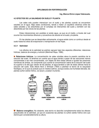 DIPLOMADO EN FERTIRRIGACIÓN

                                                           Ing. Blanca Elvira López Valenzuela.

4.3 EFECTOS DE LA SALINIDAD EN SUELO Y PLANTA

       Las sales solo pueden interactuar con el suelo y las plantas cuando se encuentran
solubles en el agua. Bajo estas condiciones, tiende a haber un equilibrio dinámico entre las
sales solubles y las absorbidas por el complejo de intercambio del suelo y también con las
absorbidas por las raíces de las plantas.

       Estas interacciones son posibles si existe agua, ya que es el medio, a través del cual
ocurren los movimientos difusivos y convectivos de solutos en el suelo y la planta.

       En las plantas que se desarrollan activamente, el agua existe como un continuo desde el
suelo hasta los sitios de evaporación o transpiración en las hojas.

4.3.1   Salinidad

       Los efectos de la salinidad se podrían agrupar bajo tres aspectos diferentes: relaciones
hídricas, balance de energía y nutrición (Martínez Raya, 1996).

    Relaciones hídricas. La concentración de sales solubles eleva la presión osmótica de la
solución del suelo. Si tenemos en cuenta que el agua tiende a pasar de las soluciones menos
concentradas a las más concentradas, con objeto de diluir éstas últimas e igualar las presiones
osmóticas de ambas, se comprende que cuando la concentración salina de la solución del suelo
es superior a la del jugo celular de las plantas, el agua tenderá a salir de éstas últimas hacia la
solución del suelo. Este efecto llevó a Shimper (1903) a plantear la teoría de la sequedad
fisiológica, en la que se postula que en medios salinos, aunque exista una humedad elevada, las
plantas sufren estrés hídrico, se secan y acaban muriendo.




    Balance energético. No obstante, esta teoría no describe completamente todos los efectos
perjudiciales de la salinidad, ya que en ocasiones las plantas no sufren estrés hídrico sino que
disminuyen considerablemente su altura.
 