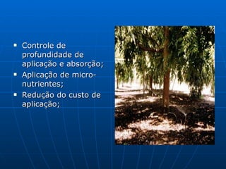 Controle de profundidade de aplicação e absorção; Aplicação de micro-nutrientes; Redução do custo de aplicação; 