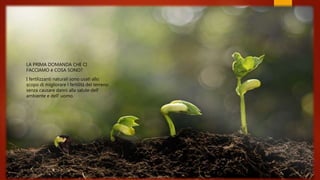 FERTILIZZANTI
NATURALI
LA PRIMA DOMANDA CHE CI
FACCIAMO è COSA SONO?
I fertilizzanti naturali sono usati allo
scopo di migliorare l fertilità del terreno
senza causare danni alla salute dell'
ambiente e dell' uomo.
 