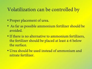 Volatilization can be controlled by
• Proper placement of urea.
• As far as possible ammonium fertilizer should be
avoided.
• If there is no alternative to ammonium fertilizers,
the fertilizer should be placed at least 4-6 below
the surface.
• Urea should be used instead of ammonium and
nitrate fertilizer.
 
