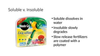 Soluble v. Insoluble
• Soluble dissolves in
water
• Insoluble slowly
degrades
• Slow release fertilizers
are coated with a
polymer
 