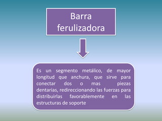 Es un segmento metálico, de mayor
longitud que anchura, que sirve para
conectar dos o mas piezas
dentarias, redireccionando las fuerzas para
distribuirlas favorablemente en las
estructuras de soporte
Barra
ferulizadora
 