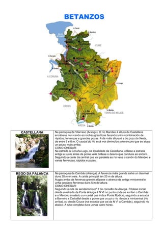 BETANZOS

CASTELLANA

Na parroquia de Vilarraso (Aranga). O río Mandeo á altura da Castellana
encáixase nun canón en rochas graníticas facendo unha combinación de
rápidos, fervenzas e grandes pozas. A de máis altura é a do pozo da Xesta,
de entre 6 e 8 m. O caudal do río está moi diminuído polo encoro que se atopa
un pouco máis arriba.
COMO CHEGAR:
Na estrada A Coruña-Lugo, na localidade da Castellana, cóllese a estrada
antiga e xusto antes da ponte vella cóllese o desvío que conduce ao encoro.
Seguindo a canle da central que vai paralela ao río vese o canón do Mandeo e
varias fervenzas, rápidos e pozas.

REGO DA PALANCA

Na parroquia de Cambás (Aranga). A fervenza máis grande salva un desnivel
duns 30 m en neis. A caída principal ten 20 m de altura.
Augas arriba da fervenza grande atópase o atranco da antiga minicentral e
unha pequena fervenza duns 5 m de altura.
COMO CHEGAR:
Seguindo a ruta de sendeirismo nº 2 do concello de Aranga. Pódese iniciar
desde a estrada de Ponte Aranga á N VI no punto onde se xuntan o Cambás
e o Mandeo sinalado cun cartel que indica Ponte Rodicio, seguindo a estrada
a Barreiro e Carballal desde a ponte que cruza o río desde a minicentral (río
arriba), ou desde Couce (na estrada que vai da N VI a Cambás), seguindo río
abaixo. A ruta completa dura unhas catro horas.

 