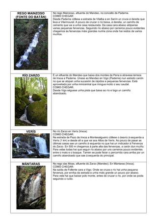 REGO MAINZOSO
(FONTE DO BATÁN)

No rego Mainzoso, afluente do Mandeo, no concello de Paderne.
COMO CHEGAR:
Desde Paderne cóllese a estrada de Vilalba e en Sanín un cruce á dereita que
leva a Vilarmourel. A pouco de cruzar o río baixa, á dereita, un camiño de
cemento que vai a unha casa restaurada. Da casa cara abaixo atópanse
varias pequenas fervenzas. Seguindo río abaixo por carreiros pouco evidentes
chegamos ás fervenzas máis grandes nunha zona onde hai restos de varios
muíños.

RÍO ZARZO

É un afluente do Mandeo que baixa dos montes da Pena e atravesa terreos
de Irixoa e Paderne. Únese ao Mandeo en Vigo (Paderne) nun estreito canón
no que se atopan unha sucesión de rápidos e pequenas fervenzas. Está
aproveitado por unha minicentral que mingua moito o seu caudal.
COMO CHEGAR:
Desde Vigo séguese unha pista que baixa ao río e logo un camiño
abandoado.

VERÍS

No río Zarzo en Verís (Irixoa)
COMO CHEGAR:
Na estrada de Pazo de Irixoa a Montesalgueiro cóllese o desvío á esquerda a
Verís (1 km) e desde alí a que vai aos Altos de Verís. Ao pouco de pasar as
últimas casas sae un camiño á esquerda no que hai un indicador á Fervenza
do Zarzo. En 500 m chegamos á parte alta das fervenzas, a carón dun muíño.
Para velas todas hai que seguir río abaixo por uns carreiros pouco evidentes
entre o mato e o bosque. Tamén se pode facer o percorrido cara arriba por un
camiño abandoado que sae á esquerda do principal.

MÁNTARAS

No rego das Moas, afluente do Zarzo (Mandeo). En Mántaras (Irixoa).
COMO CHEGAR:
Na saída de Follente cara a Vigo. Onde se cruza o río hai unha pequena
fervenza, por enriba da estrada e unha máis grande un pouco por abaixo.
Para vela hai que baixar polo monte, antes de cruzar o río, por onde se poida
seguindo o ruído.

 