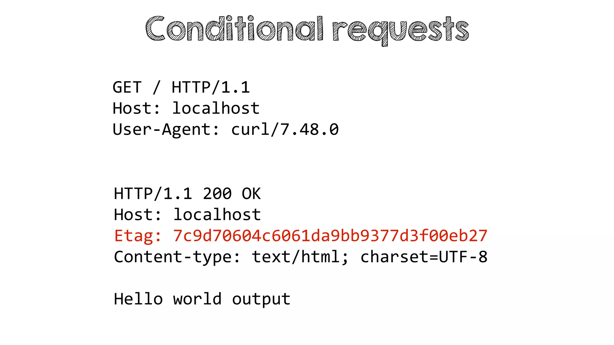 Conditional requests
HTTP/1.1 200 OK
Host: localhost
Etag: 7c9d70604c6061da9bb9377d3f00eb27
Content-type: text/html; charset=UTF-8
Hello world output
GET / HTTP/1.1
Host: localhost
User-Agent: curl/7.48.0
 