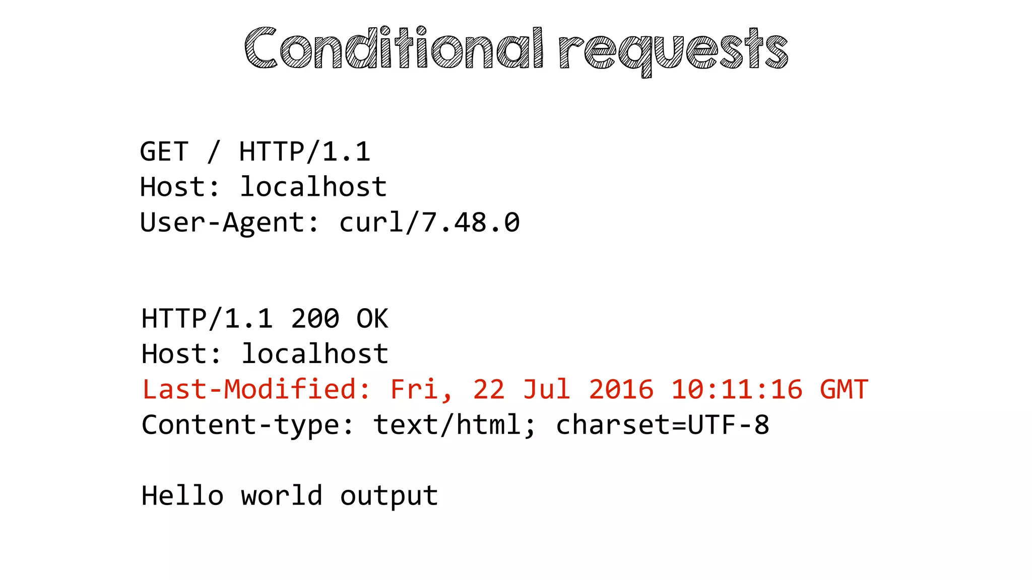 Conditional requests
HTTP/1.1 200 OK
Host: localhost
Last-Modified: Fri, 22 Jul 2016 10:11:16 GMT
Content-type: text/html; charset=UTF-8
Hello world output
GET / HTTP/1.1
Host: localhost
User-Agent: curl/7.48.0
 