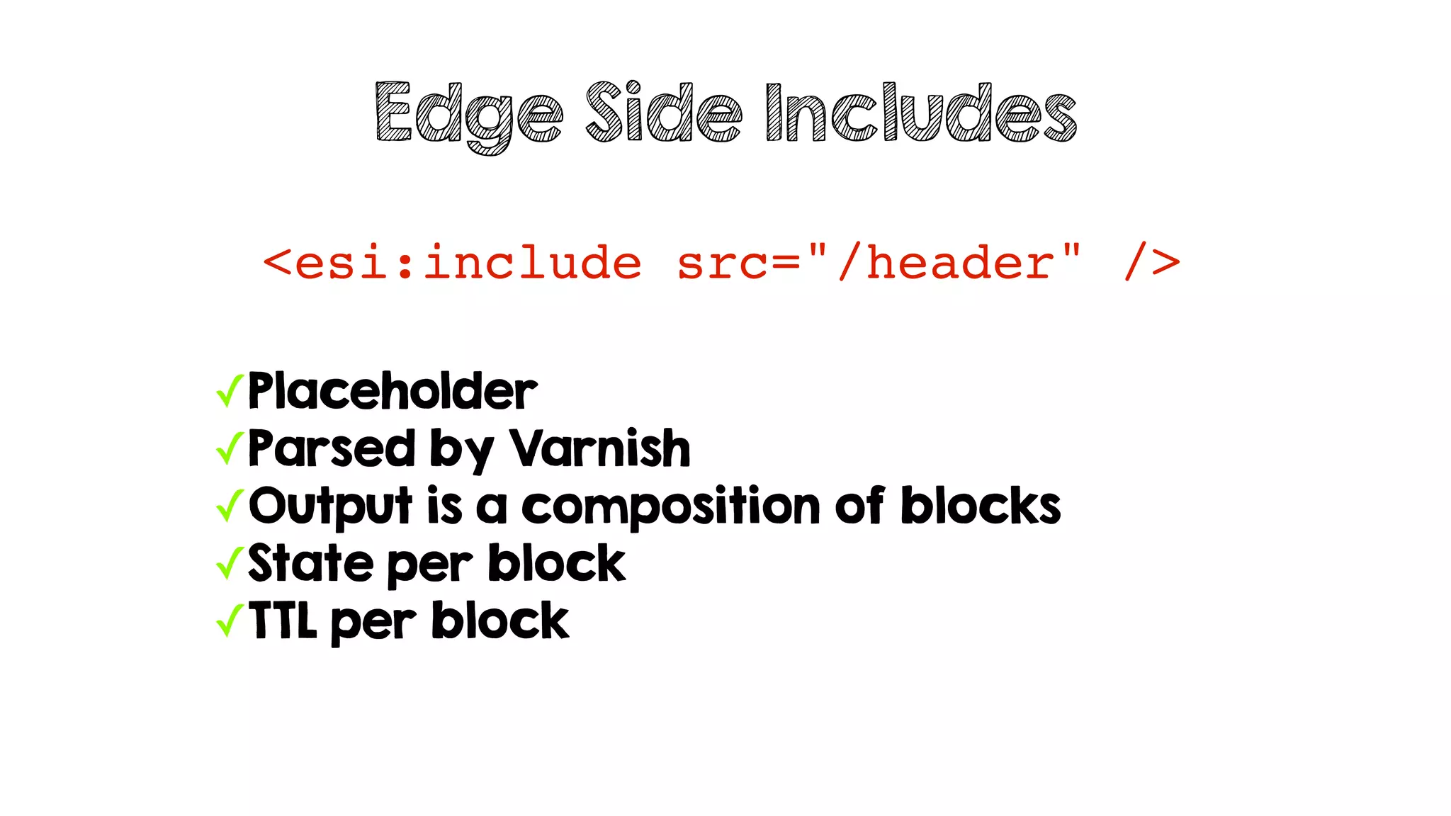 <esi:include src="/header" />
Edge Side Includes
✓Placeholder
✓Parsed by Varnish
✓Output is a composition of blocks
✓State per block
✓TTL per block
 