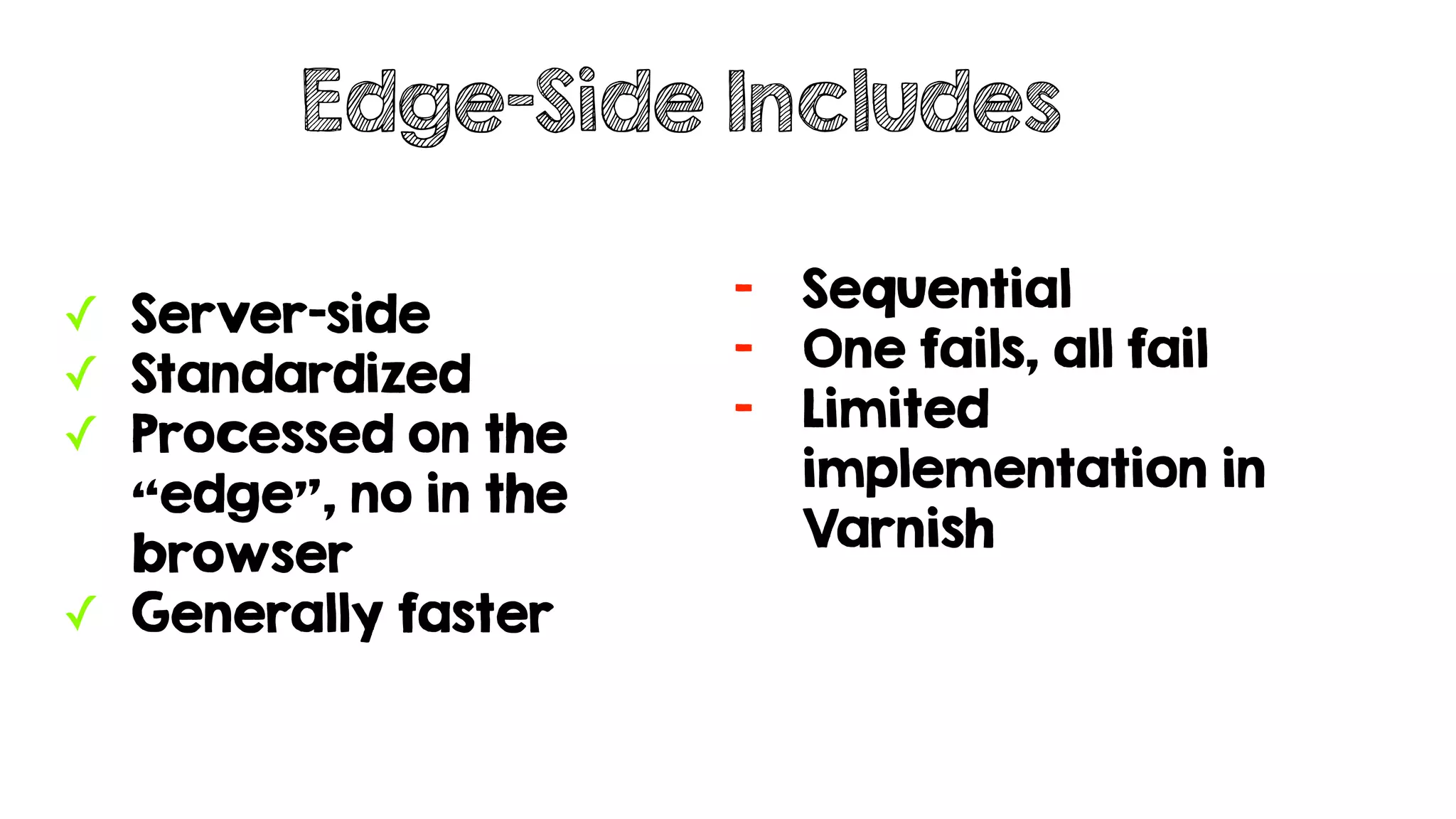 ✓ Server-side
✓ Standardized
✓ Processed on the
“edge”, no in the
browser
✓ Generally faster
Edge-Side Includes
- Sequential
- One fails, all fail
- Limited
implementation in
Varnish
 