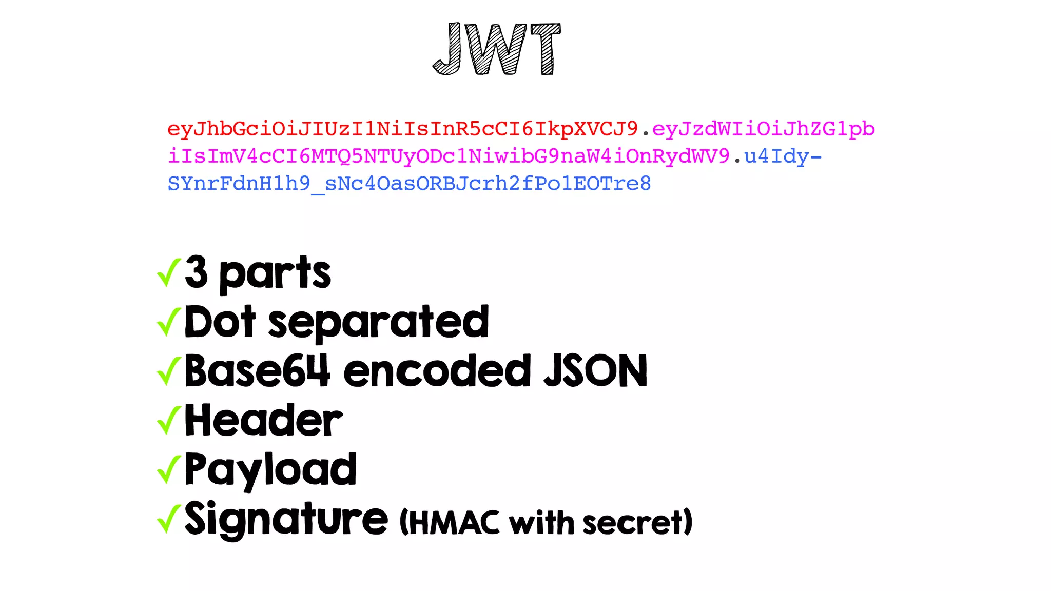 JWT
eyJhbGciOiJIUzI1NiIsInR5cCI6IkpXVCJ9.eyJzdWIiOiJhZG1pb
iIsImV4cCI6MTQ5NTUyODc1NiwibG9naW4iOnRydWV9.u4Idy-
SYnrFdnH1h9_sNc4OasORBJcrh2fPo1EOTre8
✓3 parts
✓Dot separated
✓Base64 encoded JSON
✓Header
✓Payload
✓Signature (HMAC with secret)
 