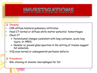 Present with a classic triad: hypoxemia; neurologic abnormalities; and a petechial rashSymptoms: High temperatureTachycardiaShortness of breathRestlessnessMild confusionWorst cases:Marked respiratory distressRestlessnessComaDeath6CLINICAL FEATURES