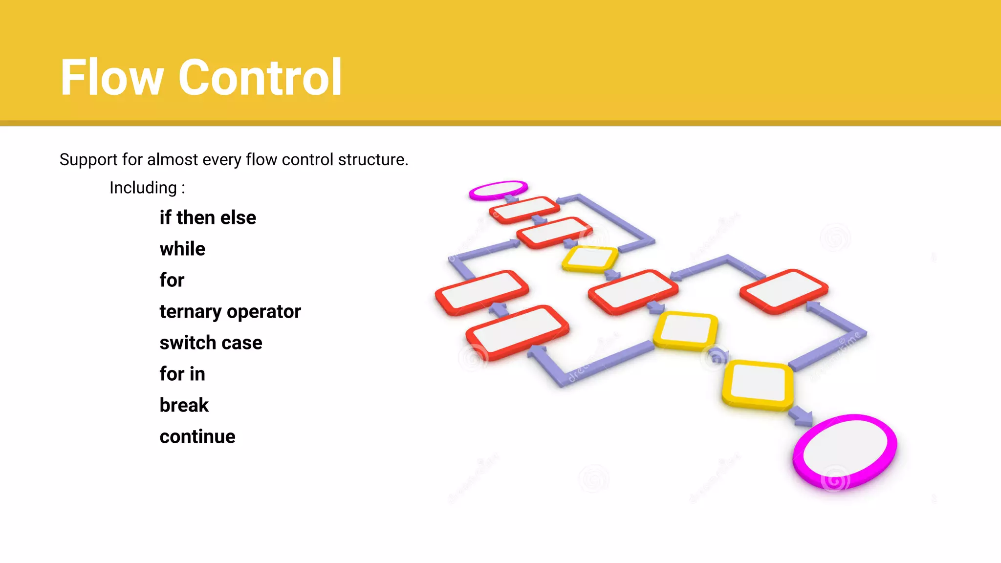 Flow Control
Support for almost every flow control structure.
Including :
if then else
while
for
ternary operator
switch case
for in
break
continue
 