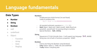 Language fundamentals
● Number
● String
● Boolean
● null
● undefined
● Object
○ Function
○ Array
○ Date
○ RegExp
Data Types Numbers
- Double-precision 64-bit format [ Int and floats]
- Leads to problems this
0.1 + 0.2 == 0.30000000000000004
- All standard arithmetic operators ( + , - , * , / , % )
- Math Object , Math.sin() , Math.round() , Math.floor() etc
- parseInt() , parseFloat() for parsing string to numbers
- Special Numbers - NaN , Infinity
String
- Sequences of 16 bit Unicode chars . It will support any language . ह द , ಕನ ಡ
- String has a lot of built in functions, properties . DEMO
Boolean
- Coerce any thing into Boolean using Boolean()
- Falsy Values :false, 0, “”,NaN, null, and undefined
- Truthy Values: Everything else
 
