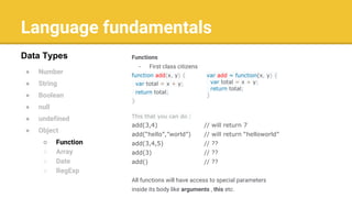 Language fundamentals
● Number
● String
● Boolean
● null
● undefined
● Object
○ Function
○ Array
○ Date
○ RegExp
Data Types Functions
- First class citizens
function add(x, y) {
var total = x + y;
return total;
}
This that you can do :
add(3,4) // will return 7
add(“hello”,”world”) // will return “helloworld”
add(3,4,5) // ??
add(3) // ??
add() // ??
All functions will have access to special parameters
inside its body like arguments , this etc.
var add = function(x, y) {
var total = x + y;
return total;
}
 