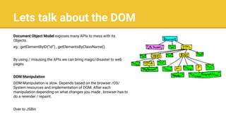 Lets talk about the DOM
Document Object Model exposes many APIs to mess with its
Objects.
eg : getElementByID(“id”) , getElementsByClassName().
By using / misusing the APIs we can bring magic/disaster to web
pages.
DOM Manipulation
DOM Manipulation is slow. Depends based on the browser /OS/
System resources and implementation of DOM. After each
manipulation depending on what changes you made , browser has to
do a rerender / repaint.
Over to JSBin
 