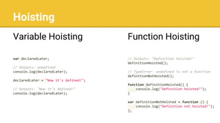 Hoisting
Variable Hoisting
var declaredLater;
// Outputs: undefined
console.log(declaredLater);
declaredLater = "Now it's defined!";
// Outputs: "Now it's defined!"
console.log(declaredLater);
Function Hoisting
// Outputs: "Definition hoisted!"
definitionHoisted();
// TypeError: undefined is not a function
definitionNotHoisted();
function definitionHoisted() {
console.log("Definition hoisted!");
}
var definitionNotHoisted = function () {
console.log("Definition not hoisted!");
};
 