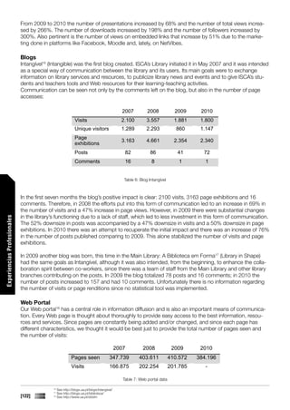 From 2009 to 2010 the number of presentations increased by 68% and the number of total views increa-
                             sed by 266%. The number of downloads increased by 198% and the number of followers increased by
                             300%. Also pertinent is the number of views on embedded links that increase by 51% due to the marke-
                             ting done in platforms like Facebook, Moodle and, lately, on NetVibes.

                             Blogs
                             Intangível16 (Intangible) was the first blog created. ISCA’s Library initiated it in May 2007 and it was intended
                             as a special way of communication between the library and its users. Its main goals were to exchange
                             information on library services and resources, to publicize library news and events and to give ISCA’s stu-
                             dents and teachers tools and Web resources for their learning-teaching activities.
                             Communication can be seen not only by the comments left on the blog, but also in the number of page
                             accesses:

                                                                                              2007          2008            2009     2010
                                                             Visits                           2.100        3.557            1.881    1.800
                                                             Unique visitors                  1.289        2.293             860     1.147
                                                             Page
                                                                                              3.163        4.661            2.354    2.340
                                                             exhibitions
                                                             Posts                              82           86              41       72
                                                             Comments                           16            8               1        1


                                                                                               Table 6: Blog Intangível



                             In the first seven months the blog’s positive impact is clear: 2100 visits, 3163 page exhibitions and 16
                             comments. Therefore, in 2008 the efforts put into this form of communication led to an increase in 69% in
                             the number of visits and a 47% increase in page views. However, in 2009 there were substantial changes
                             in the library’s functioning due to a lack of staff, which led to less investment in this form of communication.
Experiencias Profesionales




                             The 52% downsize in posts was accompanied by a 47% downsize in visits and a 50% downsize in page
                             exhibitions. In 2010 there was an attempt to recuperate the initial impact and there was an increase of 76%
                             in the number of posts published comparing to 2009. This alone stabilized the number of visits and page
                             exhibitions.

                             In 2009 another blog was born, this time in the Main Library: A Biblioteca em Forma17 (Library in Shape)
                             had the same goals as Intangível, although it was also intended, from the beginning, to enhance the colla-
                             boration spirit between co-workers, since there was a team of staff from the Main Library and other library
                             branches contributing on the posts. In 2009 the blog totalized 78 posts and 16 comments; in 2010 the
                             number of posts increased to 157 and had 10 comments. Unfortunately there is no information regarding
                             the number of visits or page renditions since no statistical tool was implemented.

                             Web Portal
                             Our Web portal18 has a central role in information diffusion and is also an important means of communica-
                             tion. Every Web page is thought about thoroughly to provide easy access to the best information, resou-
                             rces and services. Since pages are constantly being added and/or changed, and since each page has
                             different characteristics, we thought it would be best just to provide the total number of pages seen and
                             the number of visits:

                                                                                            2007         2008              2009      2010
                                                           Pages seen                 347.739          403.611            410.572   384.196
                                                           Visits                     166.875          202.254            201.785      -

                                                                                               Table 7: Web portal data

                                            16
                                                 See http://blogs.ua.pt/blogs/intangivel/
                                            17
                                                 See http://blogs.ua.pt/biblioteca/
                             [122]          18
                                                 See http://www.ua.pt/sbidm
 