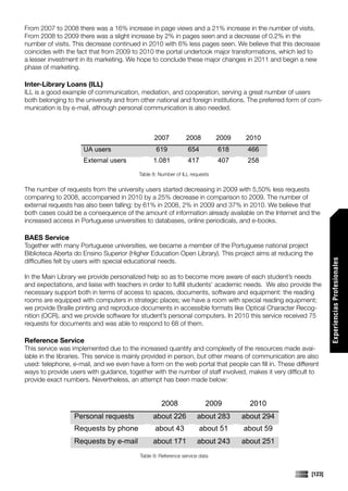 From 2007 to 2008 there was a 16% increase in page views and a 21% increase in the number of visits.
From 2008 to 2009 there was a slight increase by 2% in pages seen and a decrease of 0.2% in the
number of visits. This decrease continued in 2010 with 6% less pages seen. We believe that this decrease
coincides with the fact that from 2009 to 2010 the portal undertook major transformations, which led to
a lesser investment in its marketing. We hope to conclude these major changes in 2011 and begin a new
phase of marketing.

Inter-Library Loans (ILL)
ILL is a good example of communication, mediation, and cooperation, serving a great number of users
both belonging to the university and from other national and foreign institutions. The preferred form of com-
munication is by e-mail, although personal communication is also needed.



                                                2007           2008         2009    2010
                     UA users                    619           654          618     466
                     External users             1.081          417          407     258

                                          Table 8: Number of ILL requests


The number of requests from the university users started decreasing in 2009 with 5,50% less requests
comparing to 2008, accompanied in 2010 by a 25% decrease in comparison to 2009. The number of
external requests has also been falling: by 61% in 2008, 2% in 2009 and 37% in 2010. We believe that
both cases could be a consequence of the amount of information already available on the Internet and the
increased access in Portuguese universities to databases, online periodicals, and e-books.

BAES Service
Together with many Portuguese universities, we became a member of the Portuguese national project
Biblioteca Aberta do Ensino Superior (Higher Education Open Library). This project aims at reducing the
difficulties felt by users with special educational needs.




                                                                                                                 Experiencias Profesionales
In the Main Library we provide personalized help so as to become more aware of each student’s needs
and expectations, and liaise with teachers in order to fulfill students’ academic needs. We also provide the
necessary support both in terms of access to spaces, documents, software and equipment: the reading
rooms are equipped with computers in strategic places; we have a room with special reading equipment;
we provide Braille printing and reproduce documents in accessible formats like Optical Character Recog-
nition (OCR), and we provide software for student’s personal computers. In 2010 this service received 75
requests for documents and was able to respond to 68 of them.

Reference Service
This service was implemented due to the increased quantity and complexity of the resources made avai-
lable in the libraries. This service is mainly provided in person, but other means of communication are also
used: telephone, e-mail, and we even have a form on the web portal that people can fill in. These different
ways to provide users with guidance, together with the number of staff involved, makes it very difficult to
provide exact numbers. Nevertheless, an attempt has been made below:


                                                   2008                2009          2010
                  Personal requests             about 226           about 283      about 294
                  Requests by phone              about 43           about 51       about 59
                  Requests by e-mail            about 171           about 243      about 251
                                          Table 9: Reference service data


                                                                                                         [123]
 