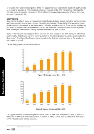 All requests have been increasing since 2008. The biggest increase was noted in 2009 with a 25% increa-
                             se in personal requests, a 19% increase in telephone requests and a 42% increase in e-mail requests. In
                             2010 the personal requests increased by 4%, the telephone requests increased by 16% and the e-mail
                             requests increased by 3%.

                             User Training
                             User training is not only a way to increase information literacy, but also a good marketing tool for services
                             and resources. At the same time it boosts the relationship between library staff and library users, increa-
                             sing library staff’s knowledge of our user’s needs, difficulties and expectations. Some training sessions are
                             requested by teachers for their students and others are scheduled by the library itself. In the beginning of
                             each school year there are also training sessions directed at 1st year students.

                             Some of the materials developed for these sessions are then shared on the Web portal, on other Web
                             platforms (like SlideShare), and on e-learning platforms. The training sessions are also publicized in the
                             @ua_online19 (the University of Aveiro online journal), in the libraries’ blogs and sent to the academic
                             community by e-mail.

                             The following graphics show some statistics:
Experiencias Profesionales




                             The biggest increase in user training sessions was noted in 2006 (with an increase of 86% in relation to
                             2005) and in 2008 (with an increase of 52% in relation to 2007). Overall, from 2004 to 2010 there was a
                             527% increase in user training sessions.



                                           19
                                                See http://uaonline.ua.pt

                             [124]
 