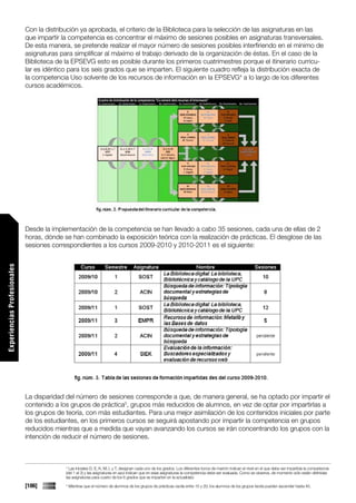 Con la distribución ya aprobada, el criterio de la Biblioteca para la selección de las asignaturas en las
                             que impartir la competencia es concentrar el máximo de sesiones posibles en asignaturas transversales.
                             De esta manera, se pretende realizar el mayor número de sesiones posibles interfiriendo en el mínimo de
                             asignaturas para simplificar al máximo el trabajo derivado de la organización de éstas. En el caso de la
                             Biblioteca de la EPSEVG esto es posible durante los primeros cuatrimestres porque el itinerario curricu-
                             lar es idéntico para los seis grados que se imparten. El siguiente cuadro refleja la distribución exacta de
                             la competencia Uso solvente de los recursos de información en la EPSEVG4 a lo largo de los diferentes
                             cursos académicos.




                             Desde la implementación de la competencia se han llevado a cabo 35 sesiones, cada una de ellas de 2
                             horas, dónde se han combinado la exposición teórica con la realización de prácticas. El desglose de las
                             sesiones correspondientes a los cursos 2009-2010 y 2010-2011 es el siguiente:
Experiencias Profesionales




                             La disparidad del número de sesiones corresponde a que, de manera general, se ha optado por impartir el
                             contenido a los grupos de práctica5, grupos más reducidos de alumnos, en vez de optar por impartirlas a
                             los grupos de teoría, con más estudiantes. Para una mejor asimilación de los contenidos iniciales por parte
                             de los estudiantes, en los primeros cursos se seguirá apostando por impartir la competencia en grupos
                             reducidos mientras que a medida que vayan avanzando los cursos se irán concentrando los grupos con la
                             intención de reducir el número de sesiones.



                                           4
                                             Las iniciales D, E, K, M, L y T, designan cada uno de los grados. Los diferentes tonos de marrón indican el nivel en el que debe ser impartida la competencia
                                           (del 1 al 3) y las asignaturas en azul indican que en esas asignaturas la competencia debe ser evaluada. Como se observa, de momento sólo están definidas
                                           las asignaturas para cuatro de los 6 grados que se imparten en la actualidad.

                             [186]         5
                                               Mientras que el número de alumnos de los grupos de prácticas oscila entre 15 y 20, los alumnos de los grupos teoría pueden ascender hasta 45.
 