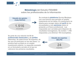 Prospectiva de una profesión en constante evolución



                                     Metodología del Estudio FESABID
                                  sobre los profesionales de la información

     Estudio de opinión                                                                                  Se contrata la plataforma Survey Monkeys
       CUALITATIVO                                                                                       con una licencia que permite un amplio
                                                                                                         tratamiento de los datos. El cuestionario se
                                                                                                         diseña para recoger datos del perfil de los

           1.516                                                                                         encuestados y sus opiniones sobre el
                                                                                                         presente y el futuro profesional. Las
               encuestas                                                                                 respuestas son cerradas para disponer de
                                                                                                         resultados homogéneos. Se reciben 1.709
                                                                                                         respuestas y se eliminan 193 incompletas.
Se parte de una relación de 60 de
profesionales destacados y de perfiles                                                                                                              Estudio de expertos
diferentes. Se seleccionan 36 expertos, de                                                                                                                DELPHI
los que 24 participan en las dos fases. La
primera fase se basó en un amplio
cuestionario abierto. La segunda consistió
en un formulario cerrado en el que se
                                                                                                                                                                       24
                                                                                                                                                                   expertos
valoraron los primeros resultados.

      XII	
  Jornadas	
  Españolas	
  de	
  Documentación	
  /	
  EBLIDA-­‐NAPLE	
  Conference	
  2011	
  in	
  Coopera(on	
  with	
  FESABID	
  /	
  XVI	
  Jornadas	
  Bibliotecarias	
  de	
  Andalucía	
  
                                                                                   Málaga	
  25,	
  26	
  y	
  27	
  de	
  Mayo	
  de	
  2011	
  
 
