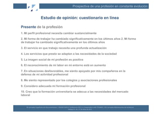 Prospectiva de una profesión en constante evolución


                              Estudio de opinión: cuestionario en línea

Presente de la profesión
1. Mi perfil profesional necesita cambiar sustancialmente
2. Mi forma de trabajar ha cambiado significativamente en los últimos años 2. Mi forma
de trabajar ha cambiado significativamente en los últimos años

3. El servicio en que trabajo necesita una profunda actualización

4. Los servicios que presto se adaptan a las necesidades de la sociedad

5. La imagen social de mi profesión es positiva
6. El reconocimiento de mi labor en mi entorno está en aumento

7. En situaciones desfavorables, me siento apoyado por mis compañeros en la
defensa de mi actividad profesional

8. Me siento representado por los colegios y asociaciones profesionales

9. Considero adecuada mi formación profesional
10. Creo que la formación universitaria se adecua a las necesidades del mercado
laboral



    XII	
  Jornadas	
  Españolas	
  de	
  Documentación	
  /	
  EBLIDA-­‐NAPLE	
  Conference	
  2011	
  in	
  Coopera(on	
  with	
  FESABID	
  /	
  XVI	
  Jornadas	
  Bibliotecarias	
  de	
  Andalucía	
  
                                                                                 Málaga	
  25,	
  26	
  y	
  27	
  de	
  Mayo	
  de	
  2011	
  
 