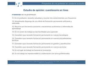 Prospectiva de una profesión en constante evolución


                              Estudio de opinión: cuestionario en línea
Presente de la profesión
11. En mi profesión, necesito actualizar y reciclar mis conocimientos con frecuencia

12. Actualmente dispongo de una oferta de formación permanente suficiente y
adecuada

13. Recurro con frecuencia creciente a mecanismos autónomos o informales de
aprendizaje

14. En mi centro de trabajo se dan facilidades para aprender
15. Considero que necesito formación permanente en nuevas tecnologías

16. Considero que necesito formación permanente en nuevos procedimientos
técnicos

17. Considero que necesito formación permanente en gestión y planificación

18. Considero que necesito formación permanente en nuevos servicios
19. En mi lugar de trabajo se fomenta la innovación

20. En mi trabajo es imprescindible la colaboración con otros profesionales



    XII	
  Jornadas	
  Españolas	
  de	
  Documentación	
  /	
  EBLIDA-­‐NAPLE	
  Conference	
  2011	
  in	
  Coopera(on	
  with	
  FESABID	
  /	
  XVI	
  Jornadas	
  Bibliotecarias	
  de	
  Andalucía	
  
                                                                                 Málaga	
  25,	
  26	
  y	
  27	
  de	
  Mayo	
  de	
  2011	
  
 