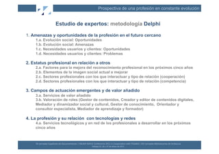 Prospectiva de una profesión en constante evolución


                               Estudio de expertos: metodología Delphi

1. Amenazas y oportunidades de la profesión en el futuro cercano
    1.a. Evolución social: Oportunidades
    1.b. Evolución social: Amenazas
    1.c. Necesidades usuarios y clientes: Oportunidades
    1.d. Necesidades usuarios y clientes: Problemas

2. Estatus profesional en relación a otros
    2.a. Factores para la mejora del reconocimiento profesional en los próximos cinco años
    2.b. Elementos de la imagen social actual a mejorar
    2.c. Sectores profesionales con los que interactuar y tipo de relación (cooperación)
    2.d. Sectores profesionales con los que interactuar y tipo de relación (competencia)

3. Campos de actuación emergentes y de valor añadido
    3.a. Servicios de valor añadido
    3.b. Valoración de roles (Gestor de contenidos, Creador y editor de contenidos digitales,
    Mediador y dinamizador social y cultural, Gestor de conocimiento, Orientador y
    consultor especialista, Mediador de aprendizaje y formador)

4. La profesión y su relación con tecnologías y redes
    4.a. Servicios tecnológicos y en red de los profesionales a desarrollar en los próximos
    cinco años



    XII	
  Jornadas	
  Españolas	
  de	
  Documentación	
  /	
  EBLIDA-­‐NAPLE	
  Conference	
  2011	
  in	
  Coopera(on	
  with	
  FESABID	
  /	
  XVI	
  Jornadas	
  Bibliotecarias	
  de	
  Andalucía	
  
                                                                                 Málaga	
  25,	
  26	
  y	
  27	
  de	
  Mayo	
  de	
  2011	
  
 