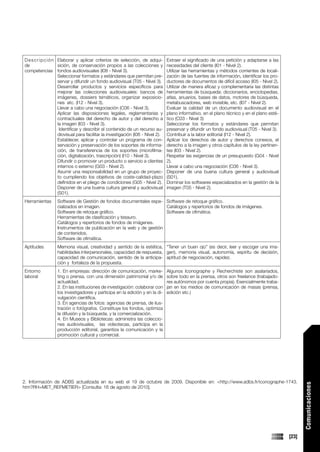 D e s c r i p c i ó n Elaborar y aplicar criterios de selección, de adqui-         Extraer el significado de una petición y adaptarse a las
de                    sición, de conservación propios a las colecciones y          necesidades del cliente (I01 - Nivel 2).
competencias fondos audiovisuales (I08 - Nivel 3).                                 Utilizar las herramientas y métodos corrientes de locali-
                      Seleccionar formatos y estándares que permitan pre-          zación de las fuentes de información, identificar los pro-
                      servar y difundir un fondo audiovisual (T05 - Nivel 3).      ductores de documentos de difícil acceso (I05 - Nivel 2).
                      Desarrollar productos y servicios específicos para           Utilizar de manera eficaz y complementaria las distintas
                      mejorar las colecciones audiovisuales: bancos de             herramientas de búsqueda: diccionarios, enciclopedias,
                      imágenes, dossiers temáticos, organizar exposicio-           atlas, anuarios, bases de datos, motores de búsqueda,
                      nes etc. (I12 - Nivel 3).                                    metabuscadores, web invisible, etc. (I07 - Nivel 2).
                      Llevar a cabo una negociación (C06 - Nivel 3).               Evaluar la calidad de un documento audiovisual en el
                      Aplicar las disposiciones legales, reglamentarias y          plano informativo, en el plano técnico y en el plano esté-
                      contractuales del derecho de autor y del derecho a           tico (C03 - Nivel 3)
                      la imagen (I03 - Nivel 3).                                   Seleccionar los formatos y estándares que permitan
                       Identificar y describir el contenido de un recurso au-      preservar y difundir un fondo audiovisual (T05 - Nivel 3).
                      diovisual para facilitar la investigación (I06 - Nivel 2).   Contribuir a la labor editorial (I12 - Nivel 2).
                      Establecer, aplicar y controlar un programa de con-          Aplicar los derechos de autor y derechos conexos, el
                      servación y preservación de los soportes de informa-         derecho a la imagen y otros capítulos de la ley pertinen-
                      ción, de transferencia de los soportes (microfilma-          tes (I03 - Nivel 2).
                      ción, digitalización, trascripción) (I10 - Nivel 3).         Respetar las exigencias de un presupuesto (G04 - Nivel
                      Difundir o promover un producto o servicio a clientes        2).
                      internos o externo (G03 - Nivel 2).                          Llevar a cabo una negociación (C06 - Nivel 3).
                      Asumir una responsabilidad en un grupo de proyec-            Disponer de una buena cultura general y audiovisual
                      to cumpliendo los objetivos de coste-calidad-plazo           (S01).
                      definidos en el pliego de condiciones (G05 - Nivel 2).       Dominar los softwares especializados en la gestión de la
                      Disponer de una buena cultura general y audiovisual          imagen (T05 - Nivel 2).
                      (S01).
Herramientas       Software de Gestión de fondos documentales espe- Software de retoque gráfico.
                   cializados en imagen.                              Catálogos y repertorios de fondos de imágenes.
                   Software de retoque gráfico.                       Software de ofimática.
                   Herramientas de clasificación y tesauro.
                   Catálogos y repertorios de fondos de imágenes.
                   Instrumentos de publicación en la web y de gestión
                   de contenidos.
                   Software de ofimática.
Aptitudes          Memoria visual, creatividad y sentido de la estética, “Tener un buen ojo” (es decir, leer y escoger una ima-
                   habilidades interpersonales, capacidad de respuesta, gen), memoria visual, autonomía, espíritu de decisión,
                   capacidad de comunicación, sentido de la anticipa- aptitud de negociación, rapidez.
                   ción y fortaleza de la propuesta.
Entorno            1. En empresas: dirección de comunicación, marke-               Algunos Iconographe y Recherchiste son asalariados,
laboral            ting o prensa, con una dimensión patrimonial y/o de             sobre todo en la prensa, otros son freelance (trabajado-
                   actualidad.                                                     res autónomos por cuenta propia). Esencialmente traba-
                   2. En las instituciones de investigación: colaborar con         jan en los medios de comunicación de masas (prensa,
                   los investigadores y participa en la edición y en la di-        edición etc.)
                   vulgación científica.
                   3. En agencias de fotos: agencias de prensa, de ilus-
                   tración o fotógrafos. Constituye los fondos, optimiza
                   la difusión y la búsqueda, y la comercialización.
                   4. En Museos y Bibliotecas: administra las coleccio-
                   nes audiovisuales, las videotecas, participa en la
                   producción editorial, garantiza la comunicación y la
                   promoción cultural y comercial.




2. Información de ADBS actualizada en su web el 19 de octubre de 2009. Disponible en: <http://www.adbs.fr/iconographe-1743.
                                                                                                                                                       Comunicaciones




htm?RH=MET_REFMETIER> [Consulta: 16 de agosto de 2010].




                                                                                                                                                [23]
 