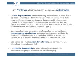 Prospec(va	
  de	
  una	
  profesión	
  en	
  constante	
  evolución	
  


    A.2. Problemas relacionados con los propios profesionales

•  La falta de proactividad en la detección y ocupación de nuevos nichos
   de trabajo (workflow, administración electrónica, arquitectura de la
   información, gestión de contenidos, documentación electrónica,
   digitalización, conservación, autenticación, plataformas web para
   formación, edición digital, posicionamiento web, validación de fuentes,
   conservación de documentos digitales…) (3,1)

•  La autoexclusión de los propios profesionales por inmovilismo,
   incapacidad para evolucionar y atender las demandas sociales de
   información. No atender a la prioridad de facilitar el acceso, la
   generación y la gestión de conocimiento y la información (3,1)

•  Los planes de estudio no aciertan a formar para abrir nuevas vías
   laborales a los graduados (3,1)

•  La excesiva dependencia de instituciones públicas con las
   características propias del modelo funcionarial (3,1)
     XII	
  Jornadas	
  Españolas	
  de	
  Documentación	
  /	
  EBLIDA-­‐NAPLE	
  Conference	
  2011	
  in	
  Coopera(on	
  with	
  FESABID	
  /	
  XVI	
  Jornadas	
  Bibliotecarias	
  de	
  Andalucía	
  
                                                                                  Málaga	
  25,	
  26	
  y	
  27	
  de	
  Mayo	
  de	
  2011	
  
 