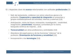 Prospec(va	
  de	
  una	
  profesión	
  en	
  constante	
  evolución	
  


E.1. Aspectos clave de avance relacionados con actitudes profesionales (1)


   •  Salir del aislamiento, colaborar con otros colectivos ajenos a la
      profesión. Cooperación y capacidad de integración en proyectos y
      grupos multidisciplinares de actividad, internos y externos (3,6)
   •  Anticipación, visión de futuro, innovación, investigación, creatividad,
      imaginación, proactividad, inquietud, curiosidad por lo nuevo,
      búsqueda continua de mejoras... (3,6)
   •  Transversalidad con otras profesiones y actividades (3,6)
   •  Abandono del papel pasivo y de las funciones “clásicas” de la
      profesión. Dinamización de funciones y versatilidad (3,6)
   •  Incorporación a las tecnologías (3,6)




        XII	
  Jornadas	
  Españolas	
  de	
  Documentación	
  /	
  EBLIDA-­‐NAPLE	
  Conference	
  2011	
  in	
  Coopera(on	
  with	
  FESABID	
  /	
  XVI	
  Jornadas	
  Bibliotecarias	
  de	
  Andalucía	
  
                                                                                     Málaga	
  25,	
  26	
  y	
  27	
  de	
  Mayo	
  de	
  2011	
  
 