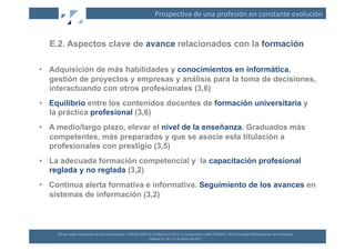 Prospec(va	
  de	
  una	
  profesión	
  en	
  constante	
  evolución	
  


  E.2. Aspectos clave de avance relacionados con la formación

•  Adquisición de más habilidades y conocimientos en informática,
   gestión de proyectos y empresas y análisis para la toma de decisiones,
   interactuando con otros profesionales (3,6)
•  Equilibrio entre los contenidos docentes de formación universitaria y
   la práctica profesional (3,6)
•  A medio/largo plazo, elevar el nivel de la enseñanza. Graduados más
   competentes, más preparados y que se asocie esta titulación a
   profesionales con prestigio (3,5)
•  La adecuada formación competencial y la capacitación profesional
   reglada y no reglada (3,2)
•  Continua alerta formativa e informativa. Seguimiento de los avances en
   sistemas de información (3,2)



     XII	
  Jornadas	
  Españolas	
  de	
  Documentación	
  /	
  EBLIDA-­‐NAPLE	
  Conference	
  2011	
  in	
  Coopera(on	
  with	
  FESABID	
  /	
  XVI	
  Jornadas	
  Bibliotecarias	
  de	
  Andalucía	
  
                                                                                  Málaga	
  25,	
  26	
  y	
  27	
  de	
  Mayo	
  de	
  2011	
  
 