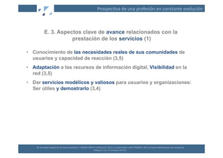 Prospec(va	
  de	
  una	
  profesión	
  en	
  constante	
  evolución	
  



              E. 3. Aspectos clave de avance relacionados con la
                         prestación de los servicios (1)

•  Conocimiento de las necesidades reales de sus comunidades de
   usuarios y capacidad de reacción (3,5)
•  Adaptación a los recursos de información digital, Visibilidad en la
   red (3,5)
•  Dar servicios modélicos y valiosos para usuarios y organizaciones:
   Ser útiles y demostrarlo (3,4)




    XII	
  Jornadas	
  Españolas	
  de	
  Documentación	
  /	
  EBLIDA-­‐NAPLE	
  Conference	
  2011	
  in	
  Coopera(on	
  with	
  FESABID	
  /	
  XVI	
  Jornadas	
  Bibliotecarias	
  de	
  Andalucía	
  
                                                                                 Málaga	
  25,	
  26	
  y	
  27	
  de	
  Mayo	
  de	
  2011	
  
 