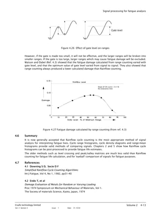 Signal processing for fatigue analysis
Figure 4.26 Effect of gate level on ranges
However, if the gate is made too small, it will not be effective, and the larger ranges will be broken into
smaller ranges. If the gate is too large, larger ranges which may cause fatigue damage will be excluded.
Watson and Dabel (Ref. 4.3) showed that the fatigue damage calculated from range counting varied with
gate level, and that the optimum value of gate level varied from signal to signal. They also showed that
range counting always produced a lower calculated damage than Rainflow counting.
Slope of S-N curve = -0.118
No endurance limit
Figure 4.27 Fatigue damage calculated by range counting (from ref. 4.3)
4.6 Summary
It is now generally accepted that Rainflow cycle counting is the most appropriate method of signal
analysis for interpreting fatigue lives. Cycle range histograms, cycle density diagrams and range-mean
histograms provide valid methods of comparing signals. Chapters 2 and 5 show how Rainflow cycle
histograms can be post-processed to provide fatigue life estimates.
The older methods such as level crossing and peak/valley matrices are much less valid than Rainflow
counting for fatigue life calculation, and for 'eyeball' comparison of signals for fatigue purposes.
4.7 References
4.1 Downing S D, Socie D F
Simplified Rainflow Cycle Counting Algorithms
Int J Fatigue, Vol 4, No 1, 1982, pp31-40
4.2 Endo T, et al
Damage Evaluation of Metals for Random or Varying Loading
Proc 1974 Symposium on Mechanical Behaviour of Materials, Vol 1.
The Society of materials Science, Kyoto, Japan, 1974
©safe technology limited
Vol. 2 Section 4 Issue: 1 Date: 31.10.02
Volume 2 4-13
 