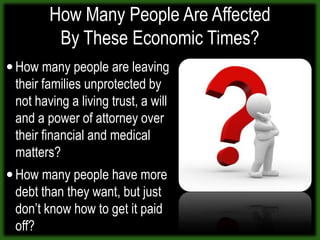 How Many People Are Affected By These Economic Times?How many people are leaving their families unprotected by not having a living trust, a will and a power of attorney over their financial and medical matters?How many people have more debt than they want, but just don’t know how to get it paid off?