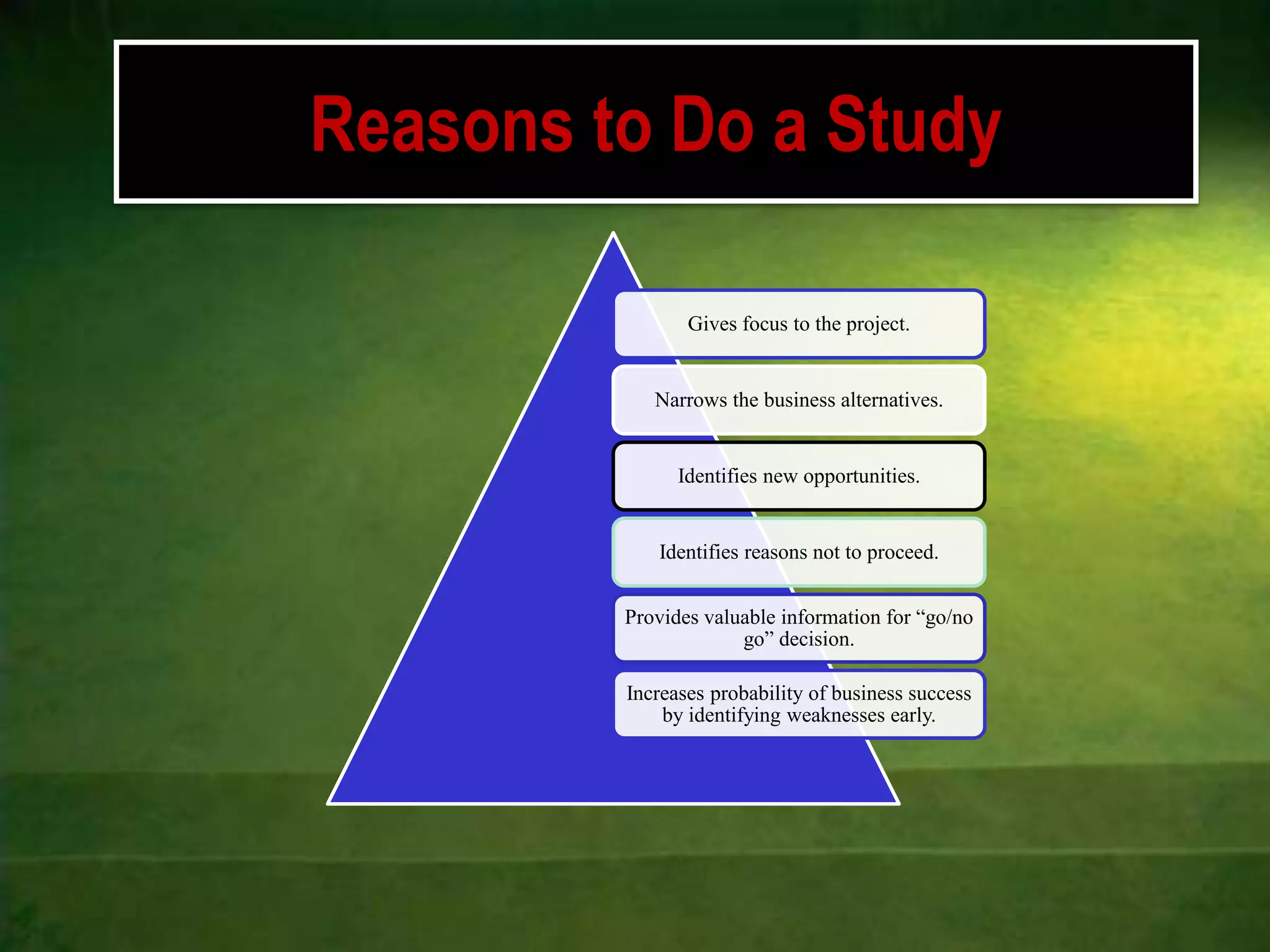 Reasons to Do a Study

                Gives focus to the project.


            Narrows the business alternatives.


               Identifies new opportunities.


            Identifies reasons not to proceed.


         Provides valuable information for “go/no
                      go” decision.

         Increases probability of business success
             by identifying weaknesses early.
 