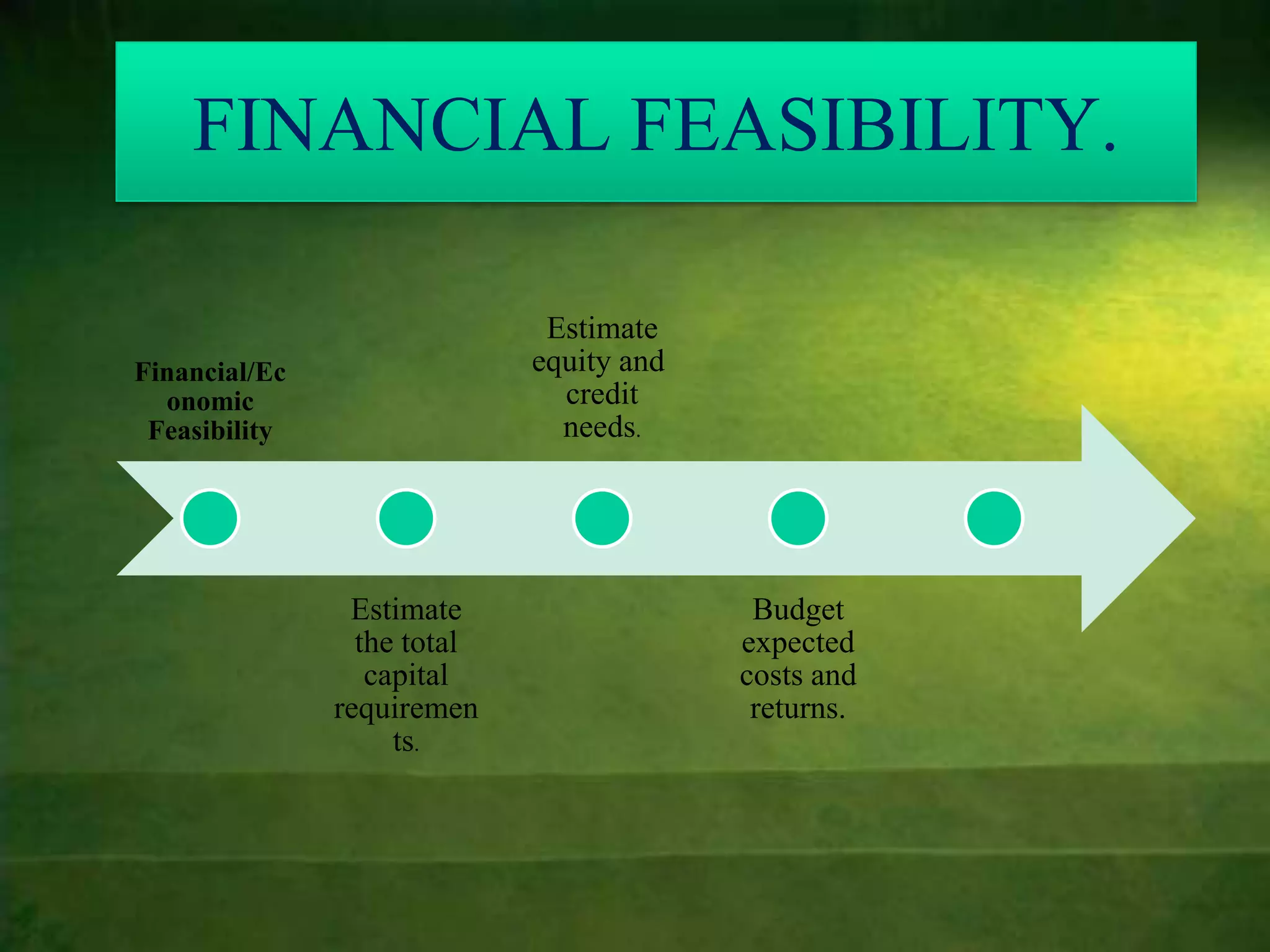 FINANCIAL FEASIBILITY.

                              Estimate
Financial/Ec                 equity and
  onomic                       credit
 Feasibility                   needs.




                Estimate                   Budget
                 the total                expected
                  capital                 costs and
               requiremen                  returns.
                    ts.
 