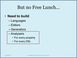 But no Free Lunch...
• Need to build
– Languages
– Editors
– Generators
– Analysers
• For every property
• For every DSL
12/04/2015 (c) Steffen Zschaler, Francisco Duran, et al. 3
 