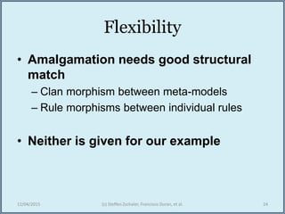 Flexibility
• Amalgamation needs good structural
match
– Clan morphism between meta-models
– Rule morphisms between individual rules
• Neither is given for our example
12/04/2015 (c) Steffen Zschaler, Francisco Duran, et al. 24
 