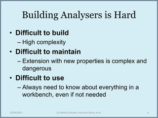 Building Analysers is Hard
• Difficult to build
– High complexity
• Difficult to maintain
– Extension with new properties is complex and
dangerous
• Difficult to use
– Always need to know about everything in a
workbench, even if not needed
12/04/2015 (c) Steffen Zschaler, Francisco Duran, et al. 4
 