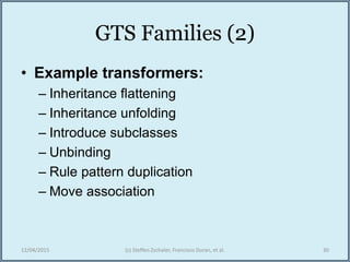 GTS Families (2)
• Example transformers:
– Inheritance flattening
– Inheritance unfolding
– Introduce subclasses
– Unbinding
– Rule pattern duplication
– Move association
12/04/2015 (c) Steffen Zschaler, Francisco Duran, et al. 30
 