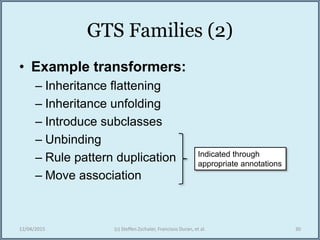 GTS Families (2)
• Example transformers:
– Inheritance flattening
– Inheritance unfolding
– Introduce subclasses
– Unbinding
– Rule pattern duplication
– Move association
12/04/2015 (c) Steffen Zschaler, Francisco Duran, et al. 30
Indicated through
appropriate annotations
 