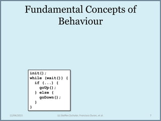 Fundamental Concepts of
Behaviour
12/04/2015 (c) Steffen Zschaler, Francisco Duran, et al. 7
init();
while (wait()) {
if (...) {
goUp();
} else {
goDown();
}
}
 