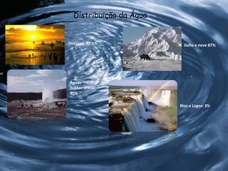 Distribuição da Água no Mundo Oceanos: 97,5% Gello e neve 87%  Águas Subterrâneas:  95%   Rios e Lagos: 3%  Distribuição da Água  