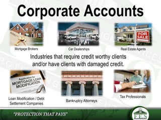 Corporate Accounts
Industries that require credit worthy clients
and/or have clients with damaged credit.
Real Estate AgentsCar DealershipsMortgage Brokers
Tax Professionals
Bankruptcy Attorneys
Loan Modification / Debt
Settlement Companies
 